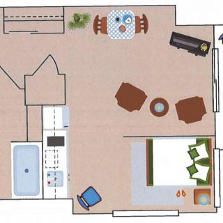 A floor plan of a one-bedroom apartment with designated areas for living, dining, kitchen, and a bathroom.