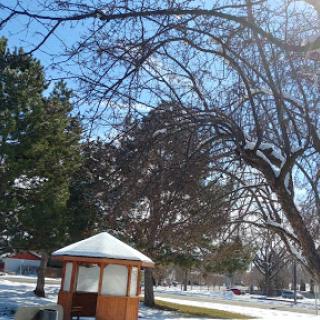 A serene winter scene featuring a gazebo surrounded by snow-covered trees under a clear blue sky.