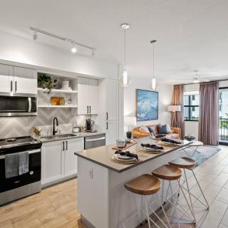 Modern open-concept kitchen and living room in an apartment with sleek design and cozy decor.