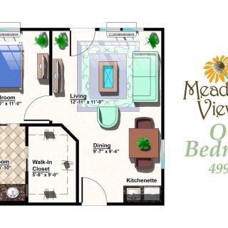 A floor plan of a one-bedroom apartment with labeled rooms and layout, part of Meadow View.