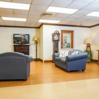 A cozy living room with couches, a television, and a grandfather clock.