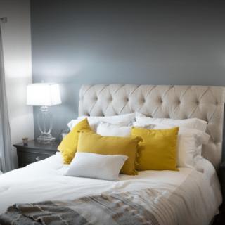 A cozy bedroom with a tufted headboard and vibrant yellow pillows.