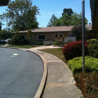 A small building surrounded by a landscaped area with a road and sidewalk under a clear blue sky.