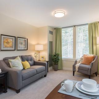 A cozy living room with a gray sofa, an armchair, and a coffee table set against large windows with green curtains.