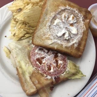 A plate with two sandwiches featuring tomato slices, accompanied by potato chips.