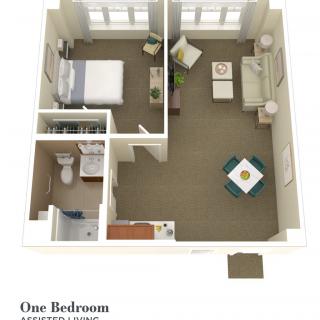 One-bedroom apartment floor plan with living room, kitchen, and bathroom.
