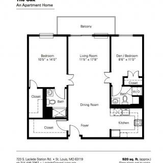 A floor plan of a two-bedroom apartment with a living room, dining area, and bathroom.