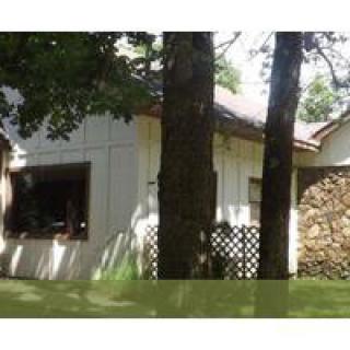 A quaint house surrounded by trees, showcasing a blend of natural and architectural elements.