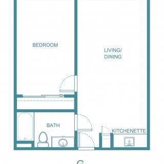 A simple floor plan showing a bedroom, living/dining area, kitchenette, and bathroom.