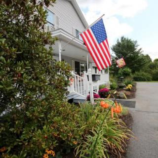 A charming house with an American flag on the porch, surrounded by lush plants and a driveway.