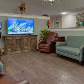 A cozy living room with a mounted TV, sofas, an armchair, and wooden flooring.