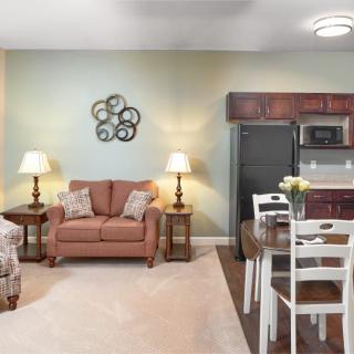 Cozy living room and kitchen area with a sofa, dining table, and modern appliances.