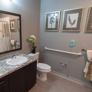 A modern bathroom with elegant decor featuring a sink, toilet, and framed artwork on the wall.