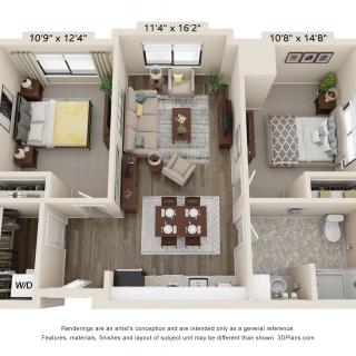 A 3D floor plan of a two-bedroom apartment showing the layout of rooms, including a living area, kitchen, and bathroom.