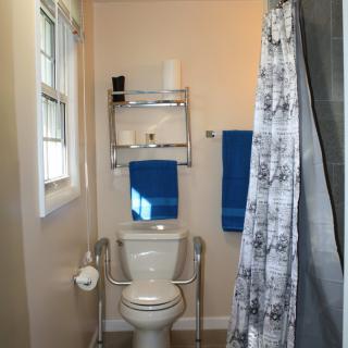 A small bathroom with a toilet equipped with grab bars, a shower with a curtain, and towels on a rack.