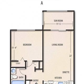 A floor plan of a one-bedroom apartment with labeled rooms.
