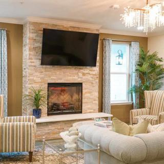 A modern living room featuring a fireplace, television, and elegant furniture.