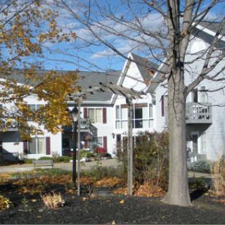 Suburban residential area with houses and autumn foliage.
