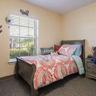 A cozy bedroom with a patterned comforter, pillows, and natural light streaming through the window.