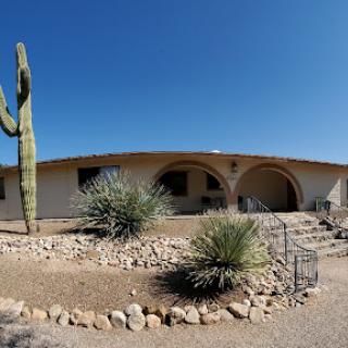 A charming house with a large cactus in the foreground, set against a clear blue sky.