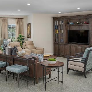 A cozy and elegantly furnished living room with a TV unit, sofas, armchairs, and tasteful decor.