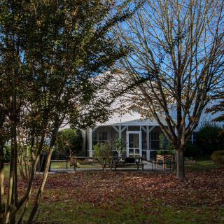 A charming house surrounded by trees and nature.
