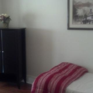 A minimalist bedroom with a single bed, cabinet, and wall art.