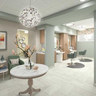 A modern and stylish salon interior with a welcoming waiting area.