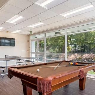 A contemporary game room featuring a billiard table and large windows for natural light.