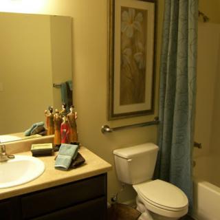 A well-organized bathroom with a mirror, sink, and a shower area.