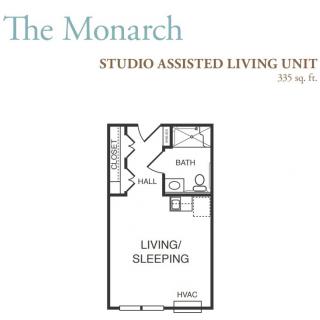 Floor plan for The Monarch studio assisted living unit.