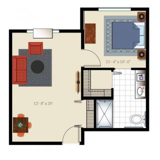 A floor plan of a compact apartment with a living room, bedroom, kitchen, and bathroom.