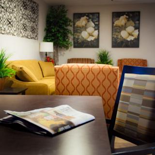 A cozy waiting room with comfortable seating, decorative plants, and artwork on the walls.