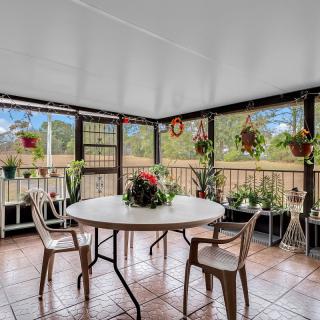 A cozy indoor patio with a round table surrounded by chairs and decorated with various plants.