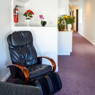A quiet hallway featuring a comfortable leather chair and decorative plants.