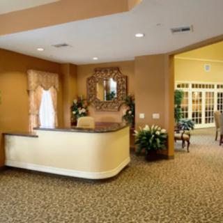 A well-decorated reception area with a desk, decorative plants, and a mirror on the wall.