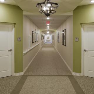 A well-lit hallway with green accents and multiple doors.