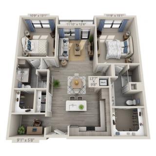 A 3D rendered floor plan of a two-bedroom apartment with a spacious living area, kitchen, and bathrooms.
