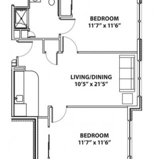 Floor plan of a two-bedroom apartment with living/dining area.