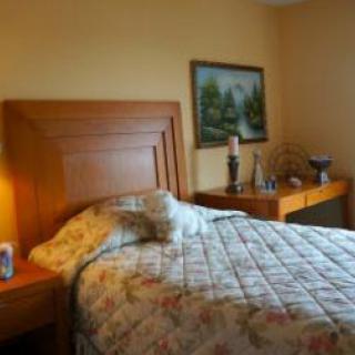 A cozy bedroom with a wooden bed frame, floral bedspread, and decorative elements.