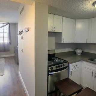 A compact apartment kitchen with white cabinets and a modern stove, adjacent to a bright living area.