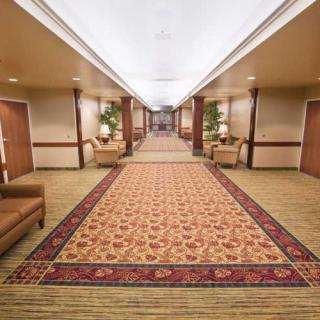 A hotel hallway with patterned carpet and seating areas.