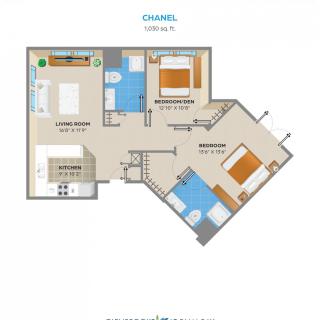A floor plan of a two-bedroom apartment featuring a living room, kitchen, and bathroom.