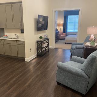 A modern living area with a television, armchairs, and adjoining kitchen.