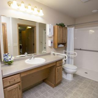 An accessible bathroom equipped with handrails, a large mirror, and a shower area.