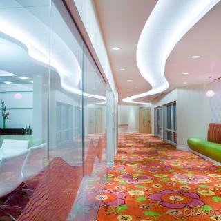A modern office hallway featuring vibrant carpet patterns and sleek glass walls.