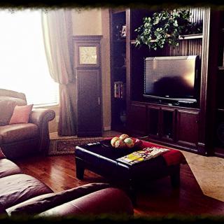 A cozy living room with a television, sofa, and decorative elements.