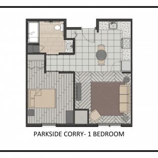 Floor plan of Parkside Corry - 1 Bedroom Apartment.