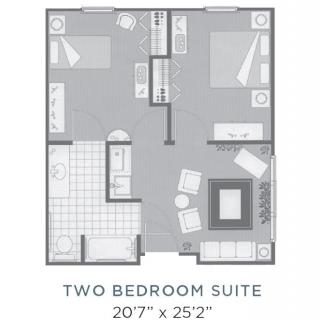 A floor plan showing a two-bedroom suite with distinct living, kitchen, and bathroom areas.