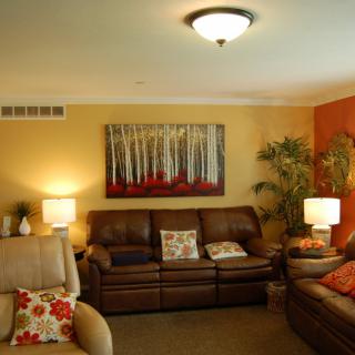 A cozy living room with leather sofas, decorative cushions, ambient lighting, and wall artwork.